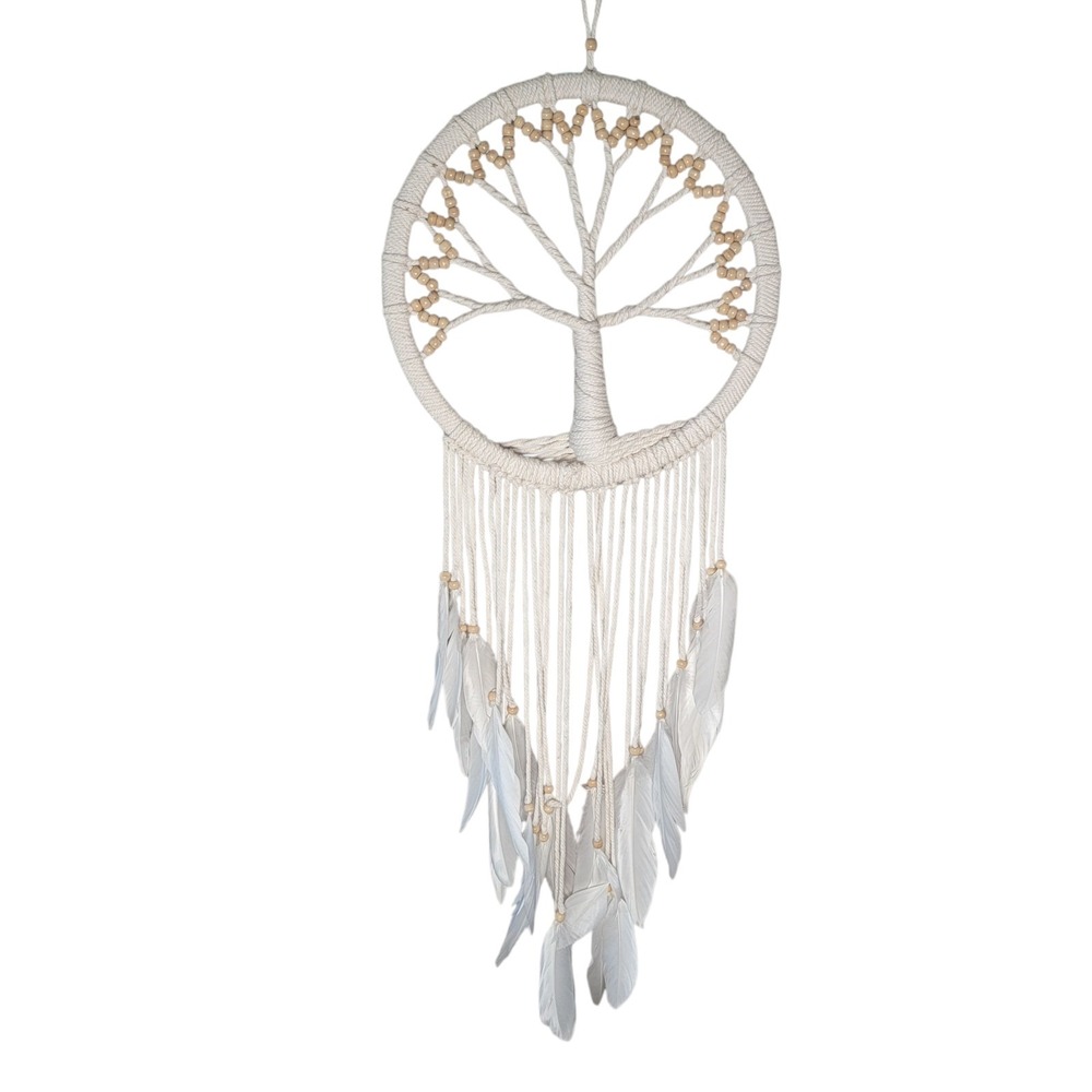 Tree of Life Dream Catcher White Wall Hanging‎ Beaded Feathers